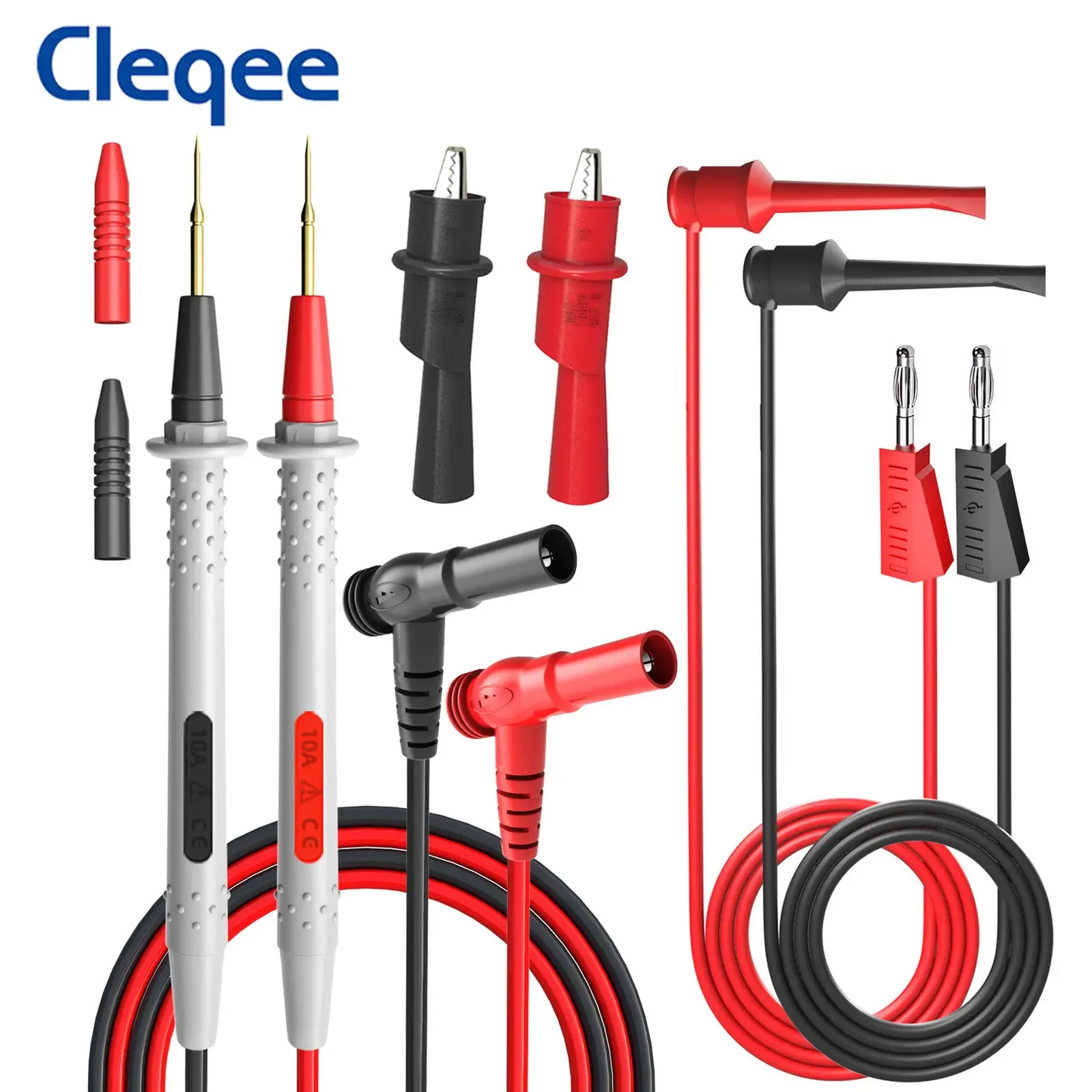 

Cleqee P1506C Multimeter Test Leads Kit with Push On Alligator Clips Stackable Banana Plug to Minigrabber Test Hook Cable Set