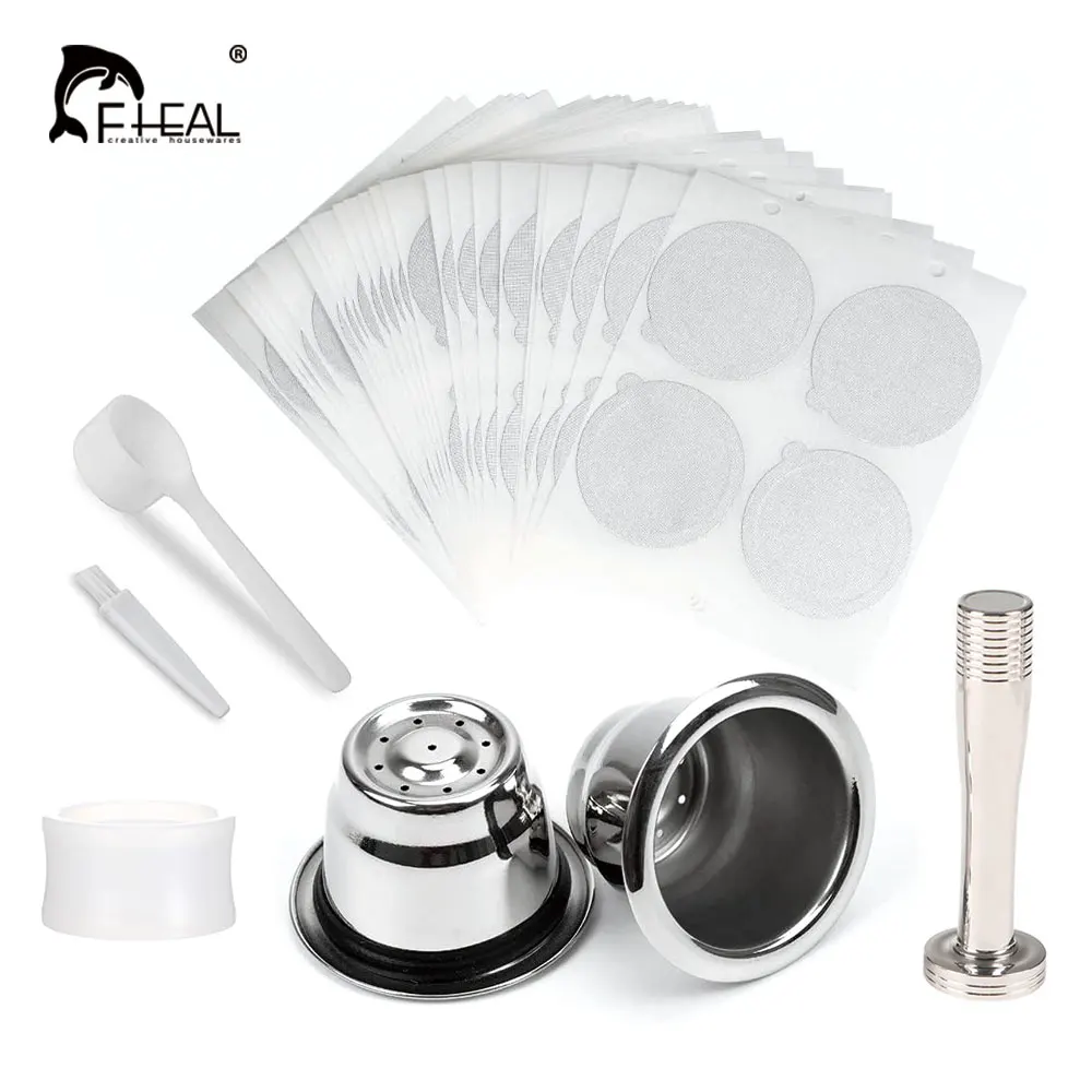 

FHEAL Reusable Espresso Capsules for Nespresso Stainless Steel Refillable Coffee Pods Cups Filters with Aluminum Foils Lids