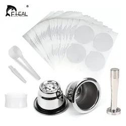 FHEAL Reusable Espresso Capsules for Nespresso Stainless Steel Refillable Coffee Pods Cups Filters with Aluminum Foils Lids