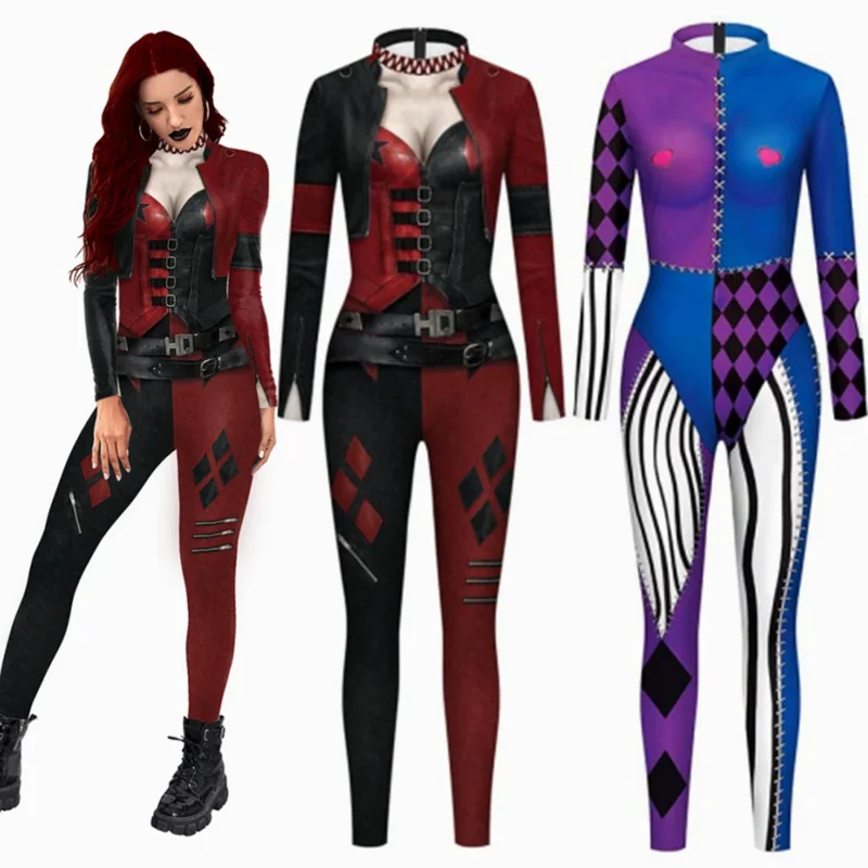 Halloween Zelfmoord De Clown Prinses Catsuit Harleen Quinzel Team Cosplay Jumpsuit Vrouwen Meisjes Sexy Zentai Party Bodysuit