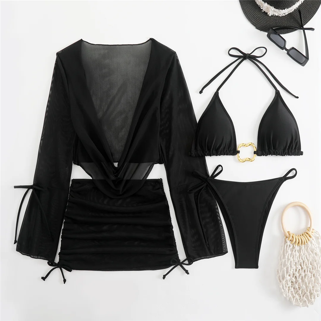 3-teiliges weißes Bikini-Set mit langen Ärmeln, Rock und Badeanzug für Damen, Badebekleidung, vierteiliges Bikini-Set, Badeanzug, Badebekleidung, Schwimmanzug V7015 – Detail 13