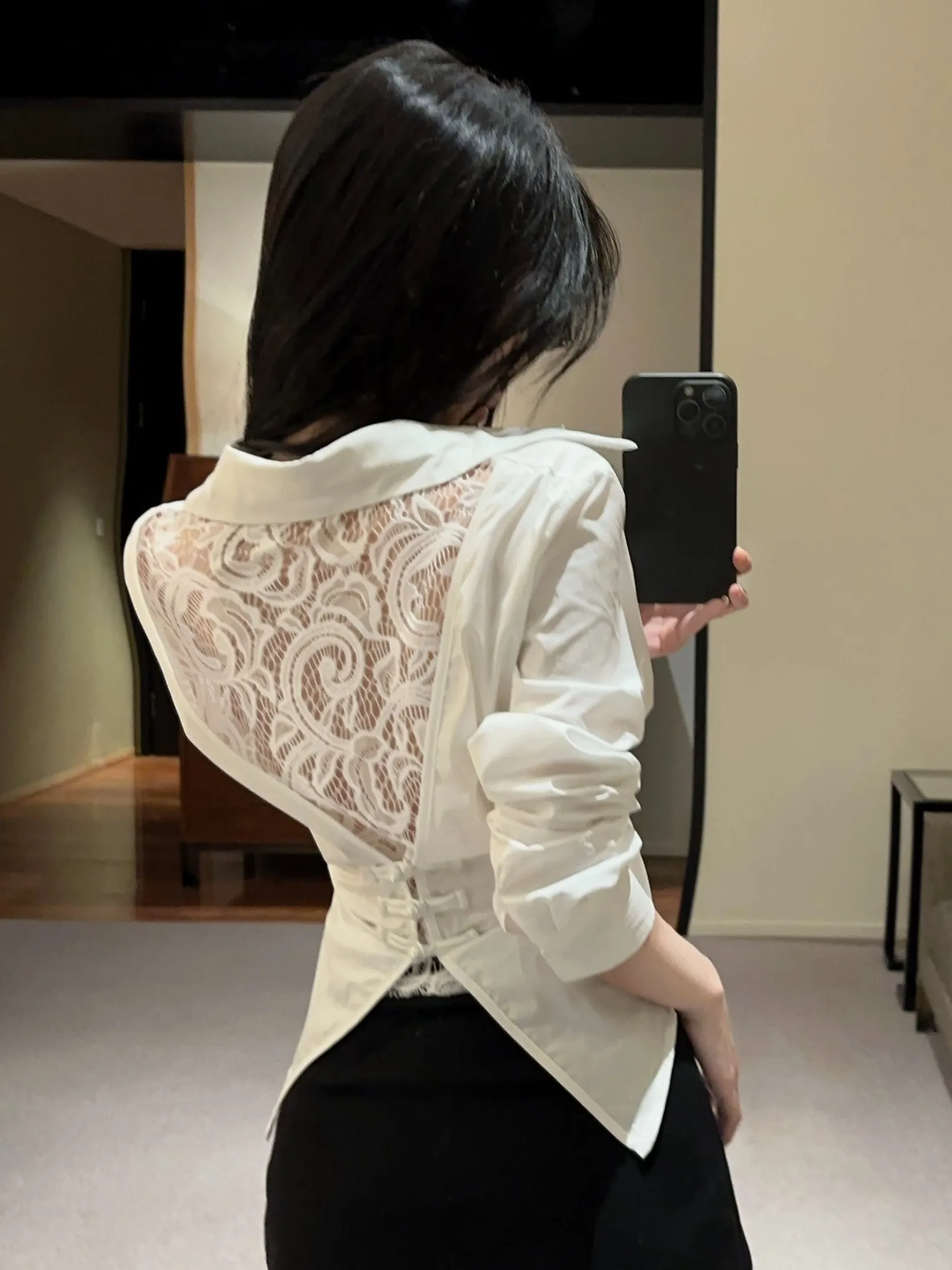 

White Lace Splice Slim Fit irt Women's Summer Thin Waist Cinched Slimming Beautiful New Sle Collar Long Sve irt