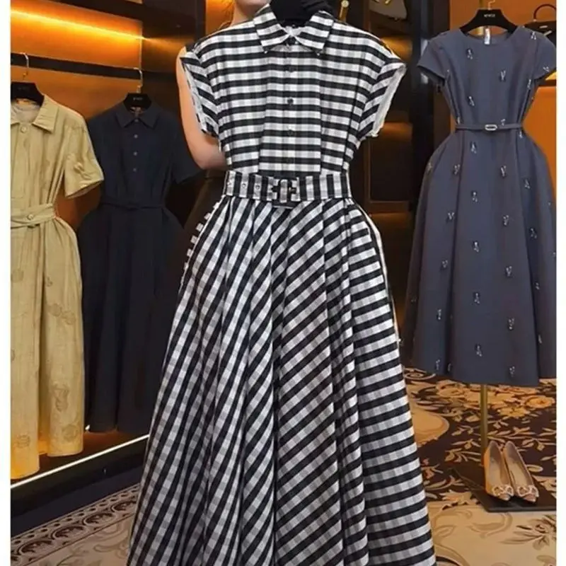 French Elegant Plaid A-Line Dress Summer New Polo Collar High Waist Slim Long Dresses Office Lady Temperament  Party Dress J639