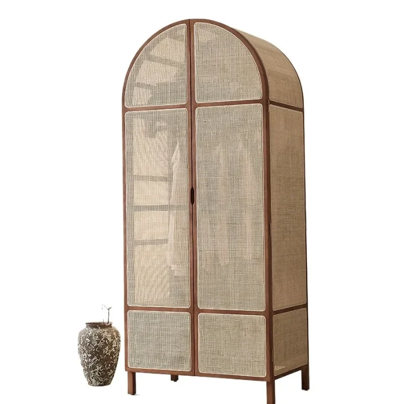 

Japanese-style all-solid wood rattan wardrobe home bedroom cherry wood wood Nordic arched retro rattan wardrobe