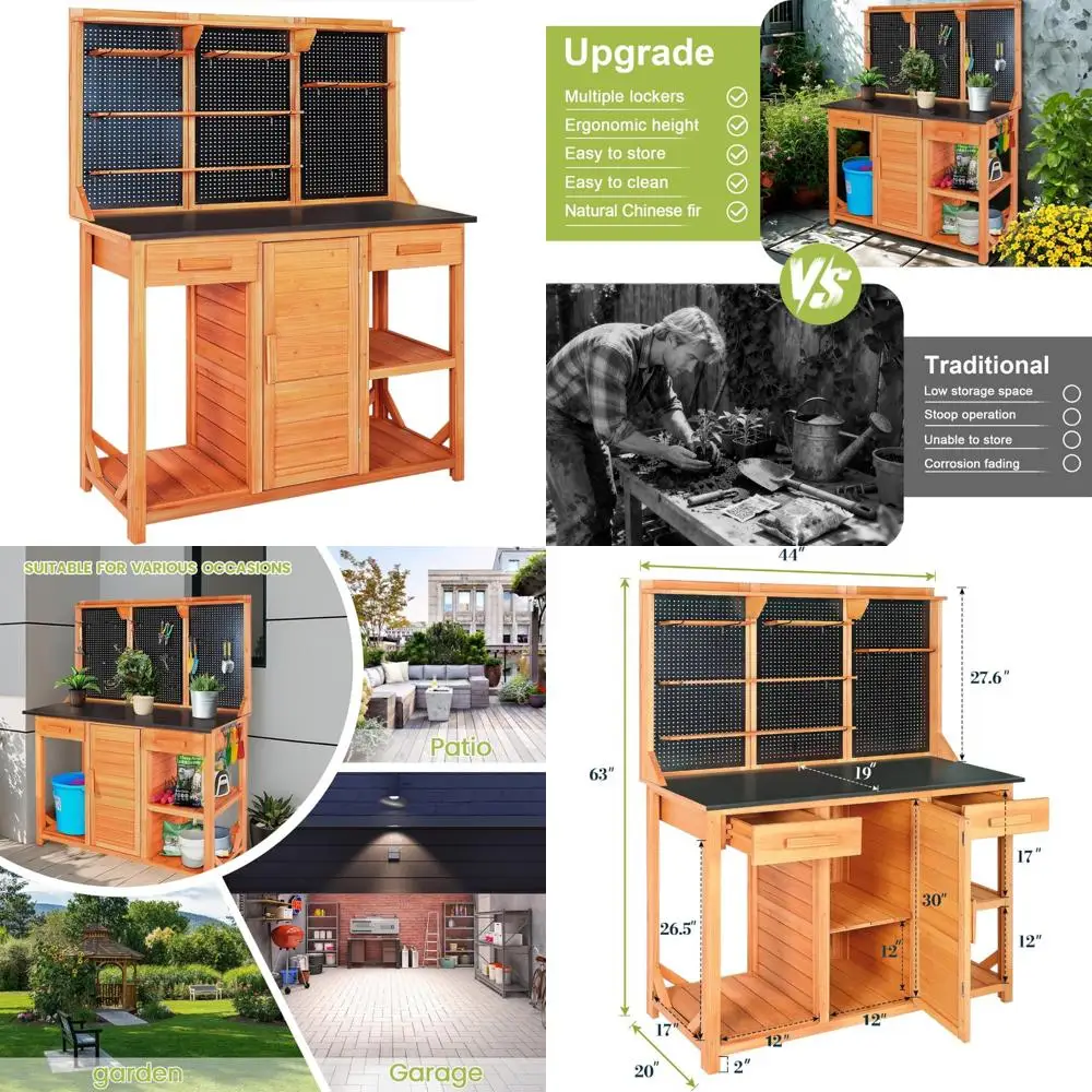 

Garden Potting Station with Wooden Worktable, Storage Drawers, Cabinet, and Metal Pegboard
