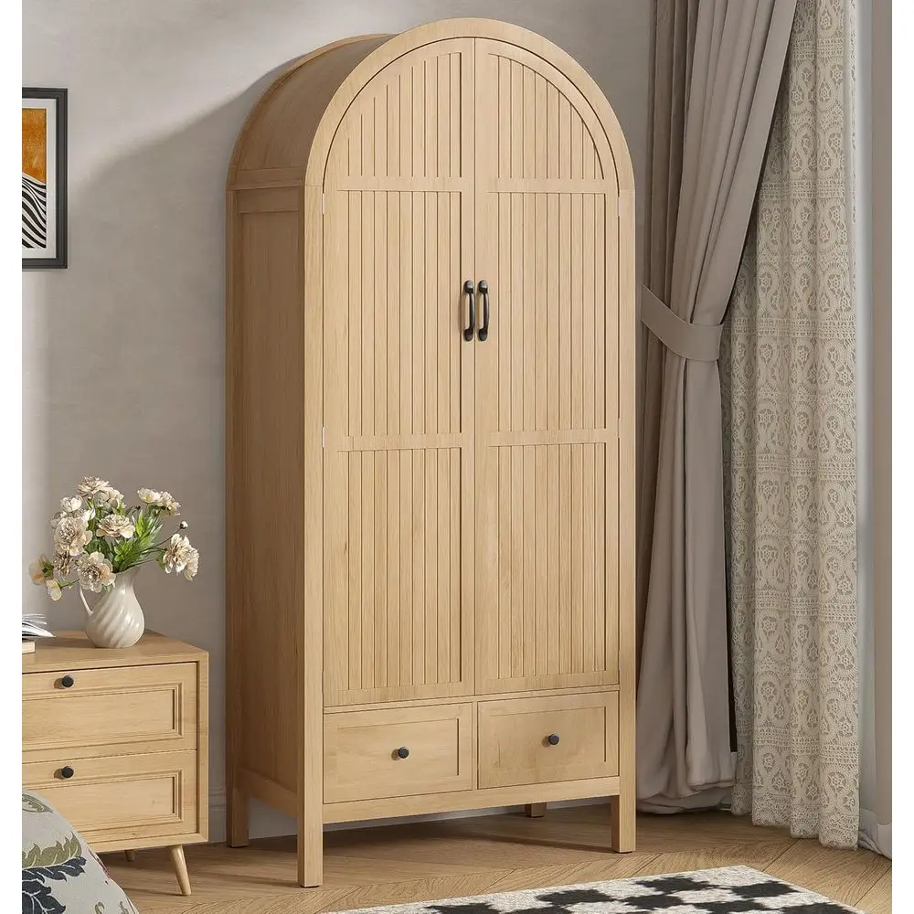 

70.87 Tall Wooden Armoires with Hanging Rod and Shelves, Arched Door Design