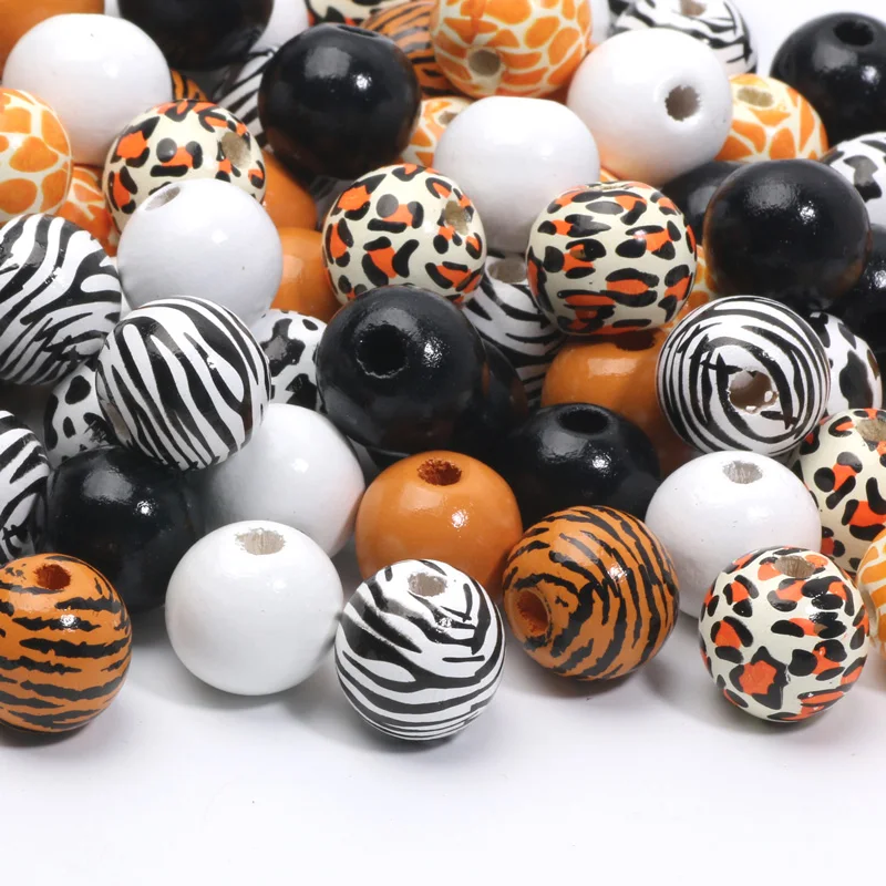 40pcs 16mm Leopard Print Natural Wood Beads Round Spacer Wooden Beads For Diy Bracelet Necklace Earring Jewelry Making Supplies