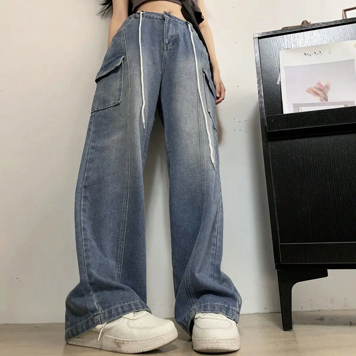 Korean Chic Autum American Retro Side Large Flap Pocket Pants Design Denim Pants Small High Waist Wide Leg Pants for Women