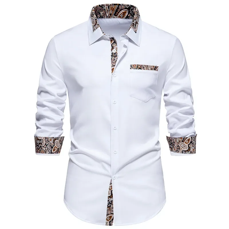 

2024 Summer New Men's Triangle Neck Cashew Blossom Colored Long Sleeved Shirt