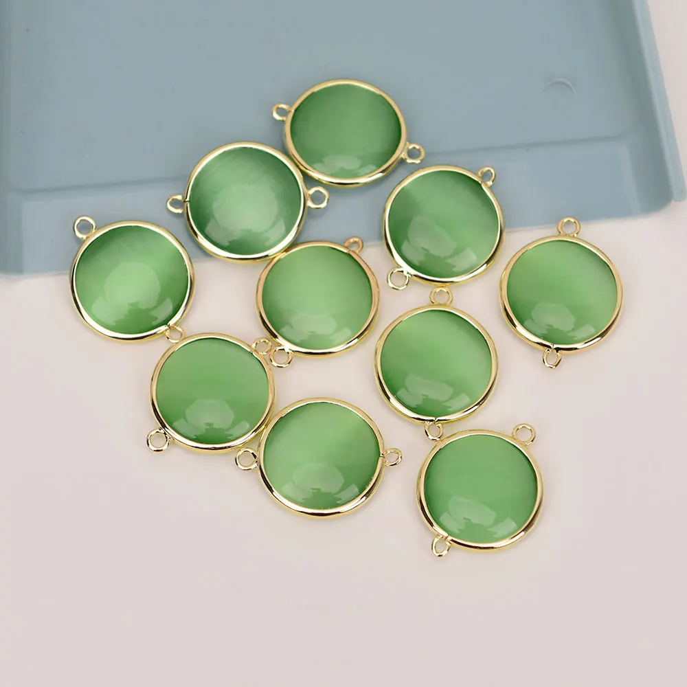 10 Pcs 22mm Natural Green Cat eye Stone Coin Connector Gold Edged Loose Beads For Jewelry Findings DIY