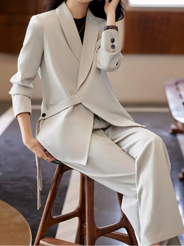 Office Lady Solid Blazer Pantsuits Women Casual Formal Sashes Jackets Coat High Waist Wide Leg Pants Two Pieces Female Outfits