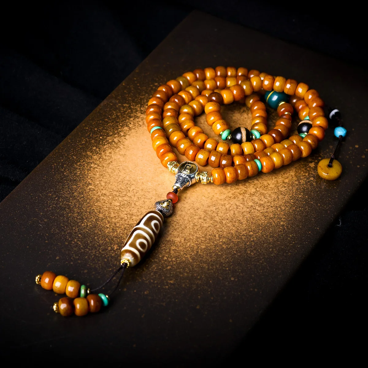 

Tibetan decorative bon barrel beads108 Buddha beads necklacecultural artifact four-eyed dZi beads turquoise prayer beads,sweater