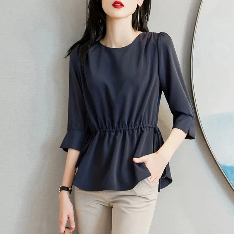 

Vintage Women's Blouses Solid Color Casual Shirts Fashion Loose Summer Korean Clothing Chiffon Short Sleeved O-neck Women Tops