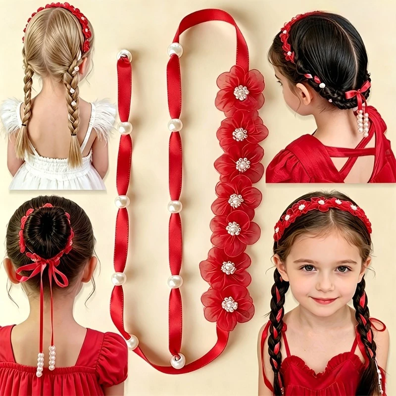 1 Stück Organza-Blumen-Haarband mit langem Band, modisches böhmisches Blumen-Haargummi, geflochtenes Haarband, geeignet für tägliche Partys – Detail 3
