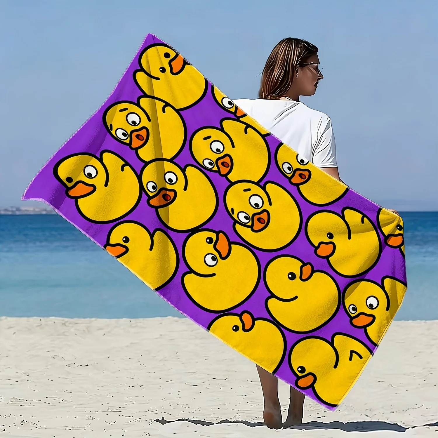 Customize 1pc, Cute Cartoon Duck 2D Flat Printing Pattern Soft Beach Towel, Microfiber Bath Towel, Quick-Drying And Super Absorb