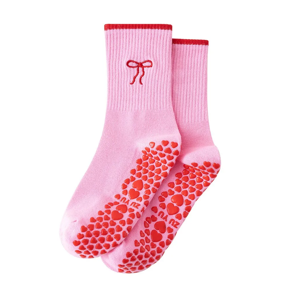 

New Cotton Pilates Socks Harajuku Street Sweat-absorbent Cherry Embroidery Socks Casual Non-Slip Grip Mid Tube Socks
