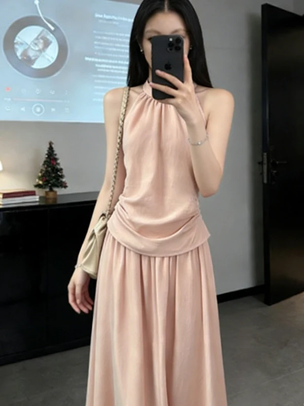 

Summer Neck Hanging Vest Slim Fit Waist Inward Short Strap Top Half Skirt Short Skirt Set Women's Fashion Casual Wear