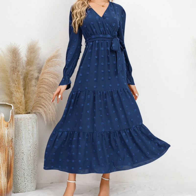 Vestido com decote em v casual monocromático feminino, manga comprida, selvagem, confortável, cintura alta, senhora do escritório, elasticidade, novo, outono, inverno, 2023