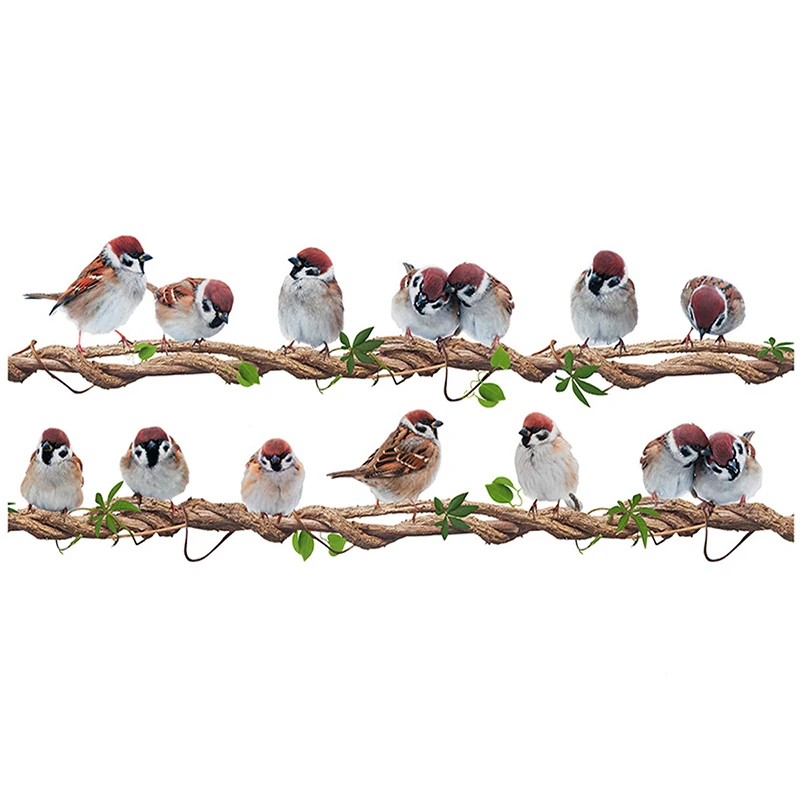 Cartoon Rattan Bird Wall Sticker Removable Nursery Wall Decals A Row of Birds Stand On Vine for Nursery Baby Bedroom Playroom