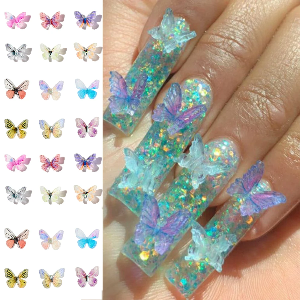 20PC Simulation Acrylic Butterfly Decoration 7*10mm Mixed Colorful Resin Charm Butterfly Rhinestone Gem Nail Accessory DIY Parts