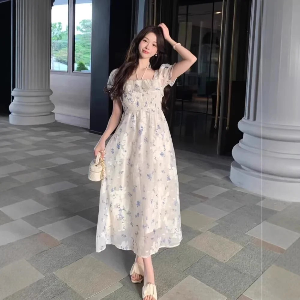White Floral Print Summer Dress Women's Square Collar Waist Cinched Beautiful Long Dress French Style Tea Break Dress