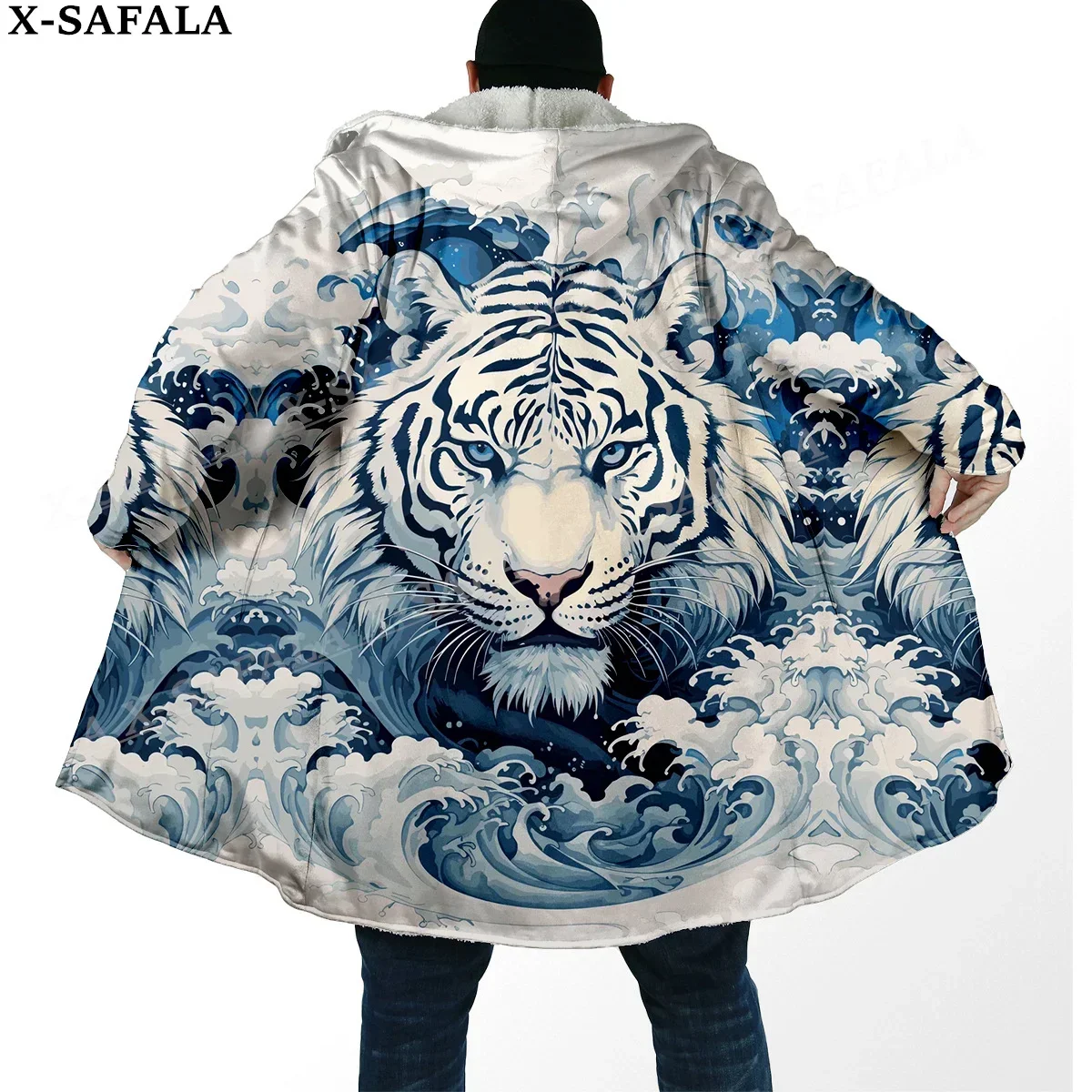 Mythology Tiger The King Spirit Thick Warm Hooded Cloak Men Overcoat Coat Windproof Fleece Cape Robe Hooded Blanket-46