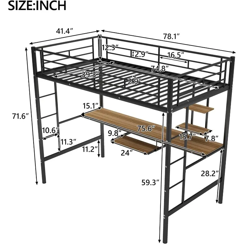 Metal Loft Bed Studio Loft Bunk Bed Over Desk and Bookcase with 2 Ladders and Keyboard Tray,Twin Loft Bed for Dorm