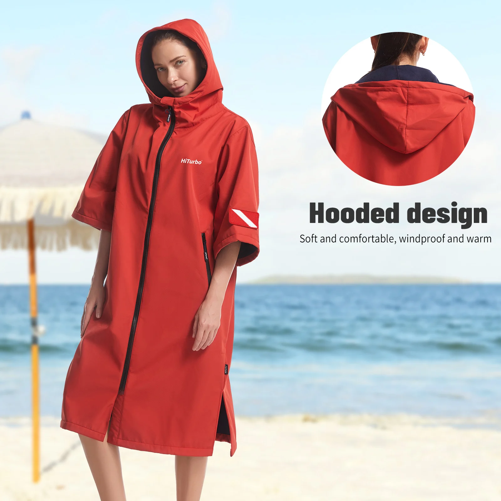 Hiturbo Kurzarm-Umhang mit Kapuze, wasserdicht, Wickelumhang, winddicht, schnell trocknend, zum Schwimmen, Surfen, Klettern, warm, schnell trocknend – Detail 4