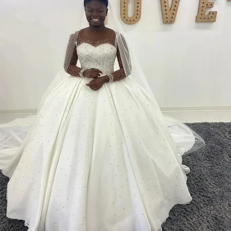 Maßgeschneiderte Brautkleider mit transparentem Ausschnitt, glitzernden Perlen und Pailletten, Vestidos De Noiva, Ballkleider in Übergrößen, Illusions-Brautkleider für Damen