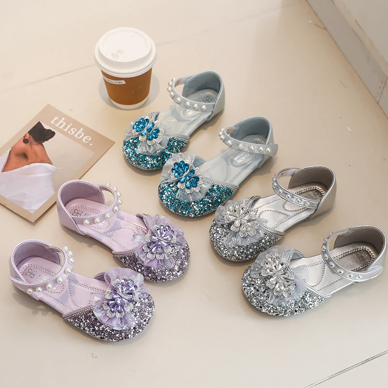 

Girls Half Sandals Children Sequins Princess Shoes for Party Wedding Kids Crystal Mary Jane Shoes with Lace Bow-knot Size 23-34