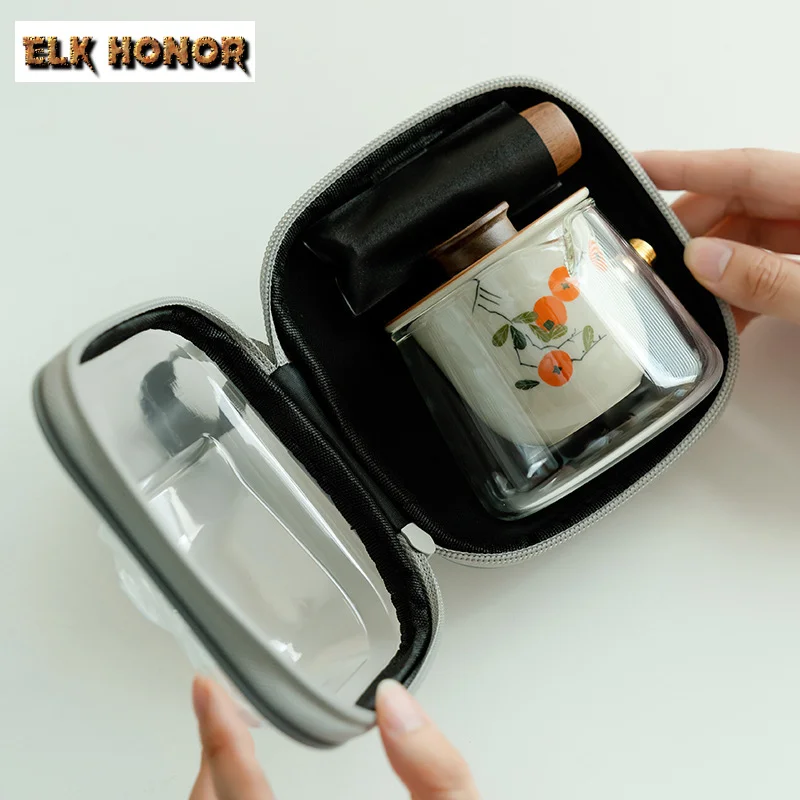 Hand-painted Persimmon Tea Set Portable 1 Pot 2 Cups Travel Tea Set Wooden Handle Side Handled Pot Tea Brewing Stock Bags Gift