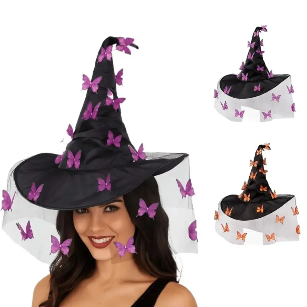 

Mesh Yarn Cover Butterfly Witch Hat Colorful Butterflies Design Halloween Witch Hat With Veil Durable Wizard Cap Masquerade Ball