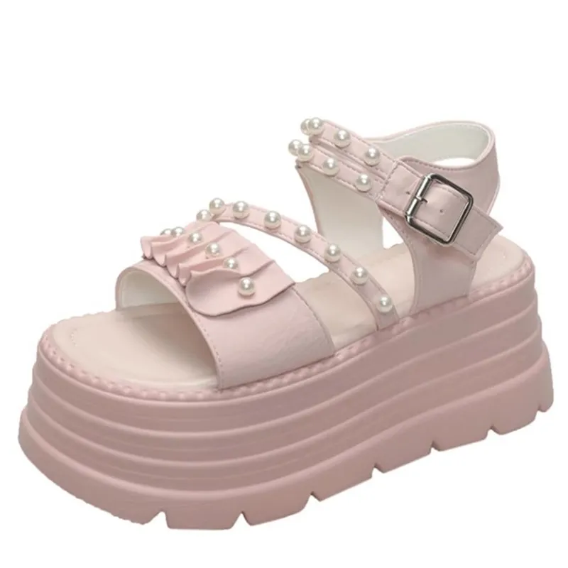 

Новые кожаные женские сандалии 8 см, удобная летняя пляжная обувь 2025 года, тапочки на высокой платформе и каблуке, женские розовые туфли-лодочки с открытым носком и пряжкой