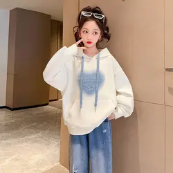 New Autumn Winter Spring Girls Clothes Hooded White Sweatshirt Baby T-shirt Dresses Teenager Kid Princess 6 7 8 9 10 11 12 Year