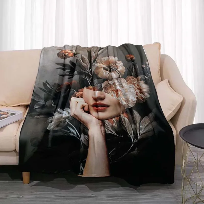 Dark Wind Butterfly Flower Woman Skeleton Pattern Flannel Throw Blanket Lightweight Super Soft Bed Living Room Sofa Adults Gifts