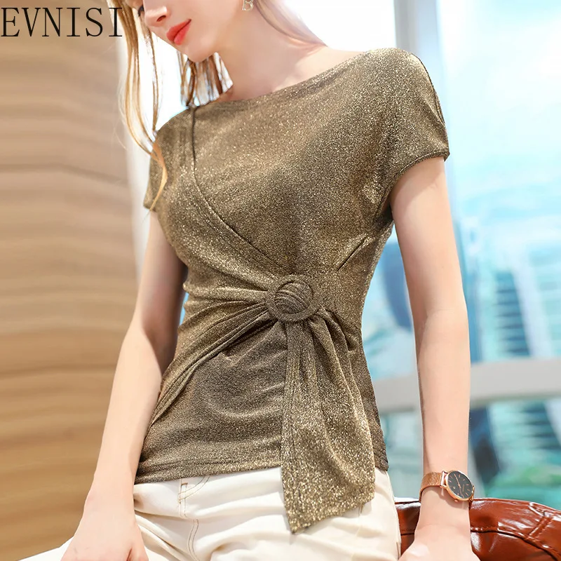 EVNISI Cross Silk T-Shirt Women Bandage 2022 Summer Bottoming shirt Fashion Bright Silk Shirt Strap Sexy Y2k Top Blusa