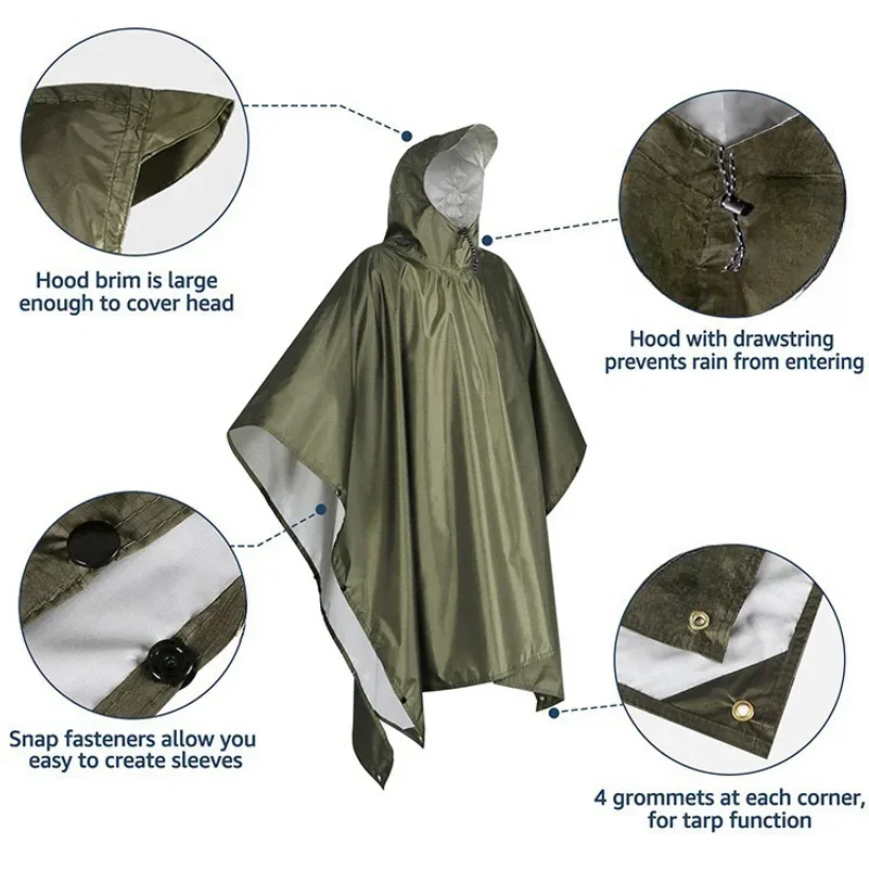 

Multifunctional 3-in-1 Rain Poncho, Waterproof Hooded Military Raincoat, Windproof Reusable Rain Cover, Outdoor Emergency Tent S