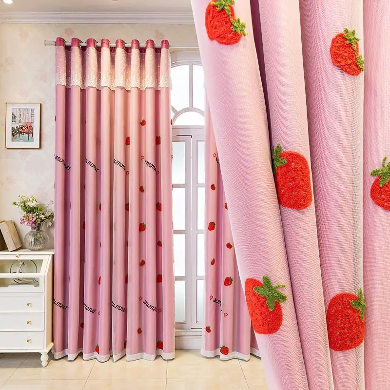 Strawberry Embroidered Kids Double Layer Curtain Blackout Curtain for Bedroom Living Room Pink Cute Cartoon Design