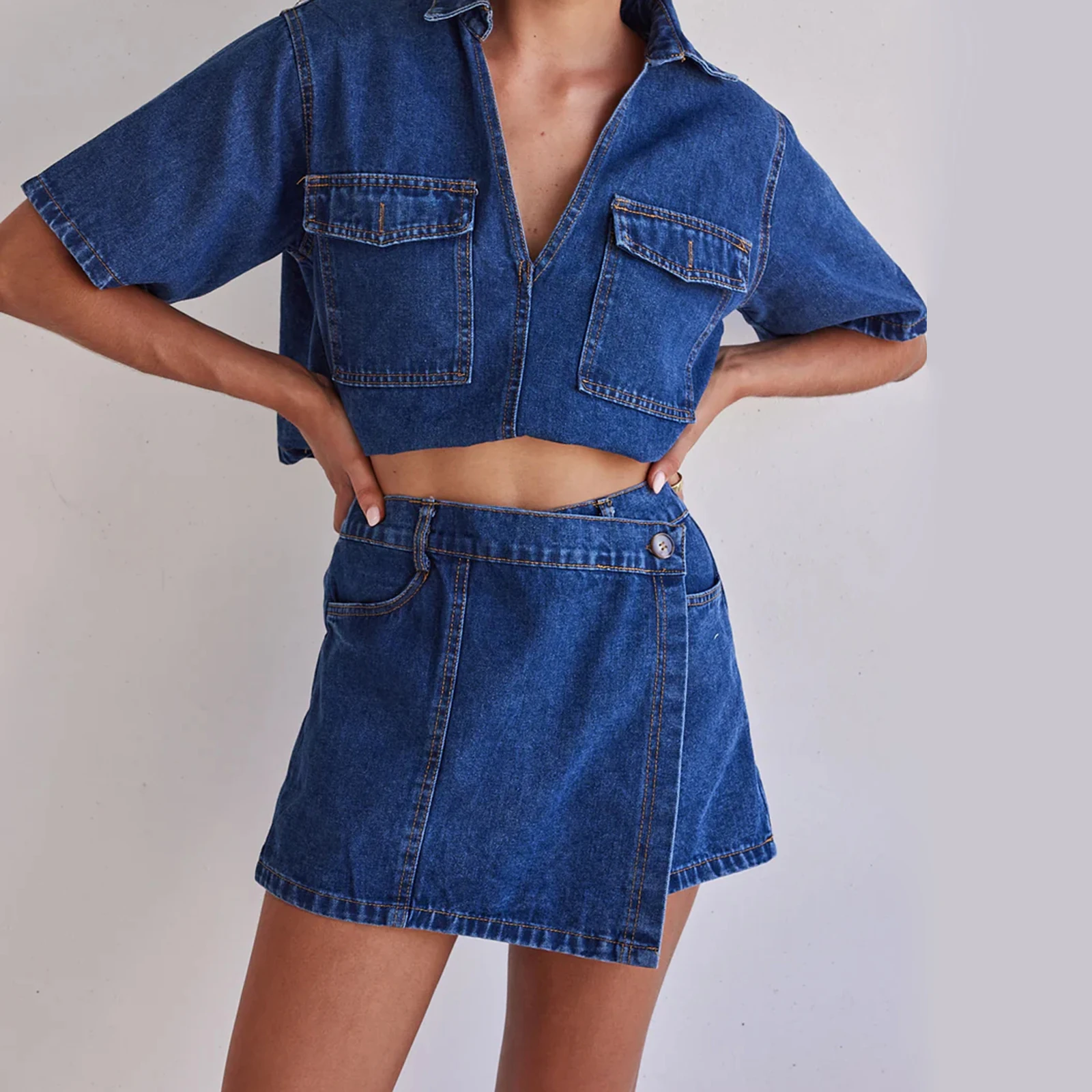 

hirigin Women's 2 Piece Denim Outfits y2k Short Sleeve Lapel Jean Tops+Asymmetrical Shorts Set Y2K Vintage Streetwear