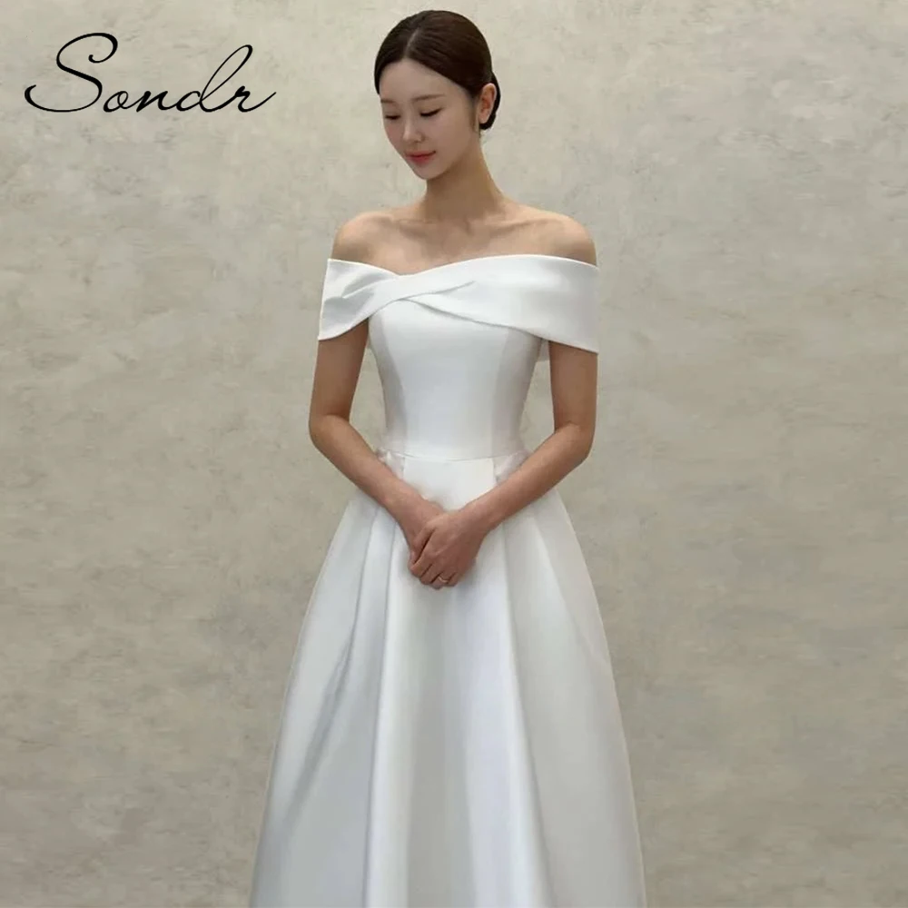 

Sondr Off the Shoulder Satin Korean Wedding Dresses Photo shoot Puff Short Sleeves Bride Gowns Evening Party Customized