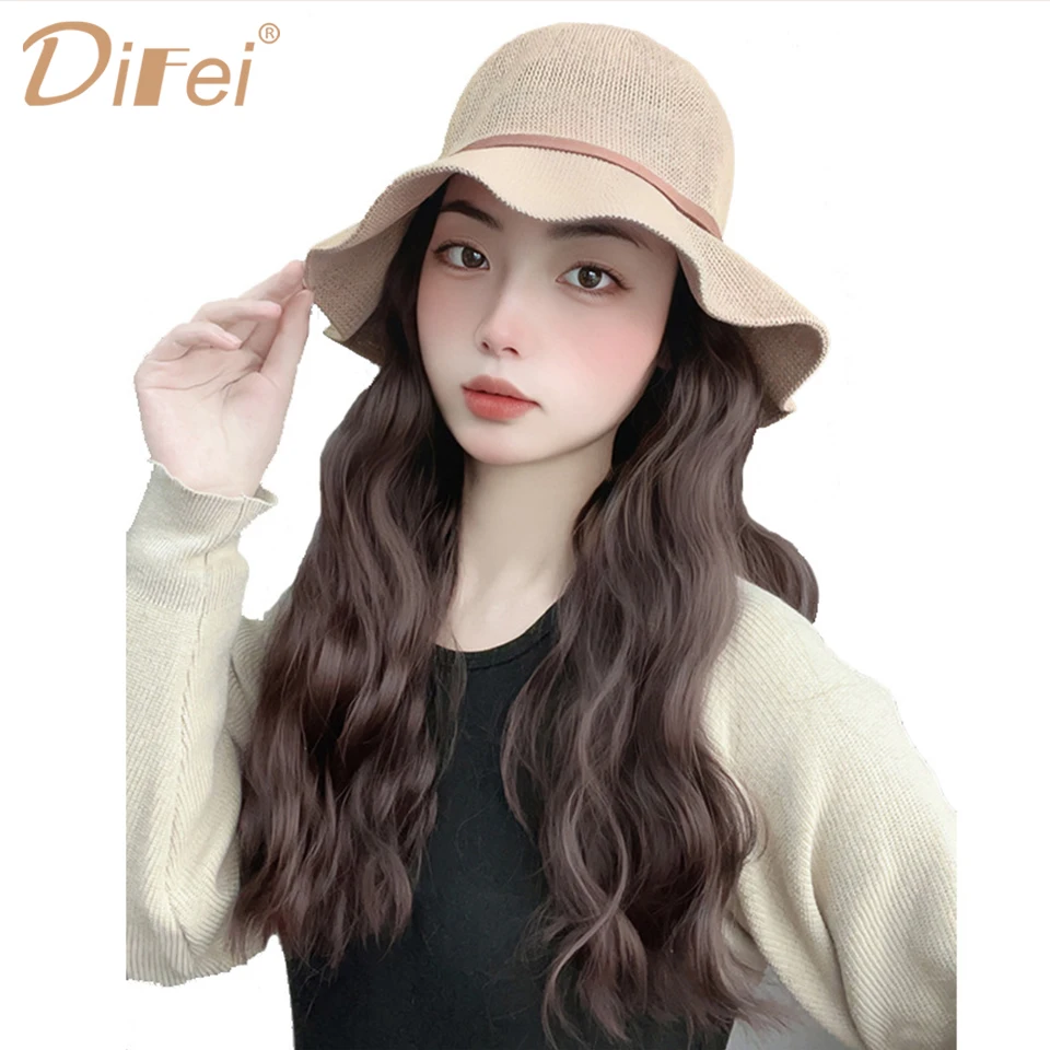 DIFEI Bow Fisherman Hat Synthetic Wig One-piece Fashion Sun Hat Wavy Long Curly Hair Natural Full Head