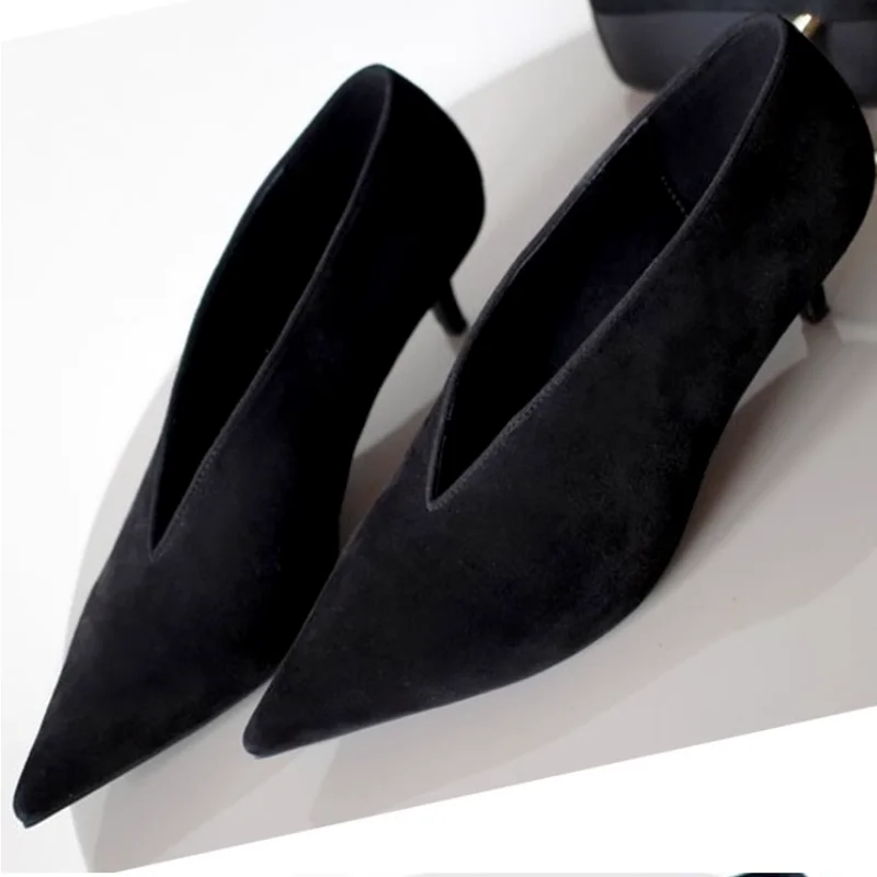 

Sexy Deep V Pointed Toe High Heel Shoes Black Suede Cover Heels Women Spring Autumn Formal Female Footwears