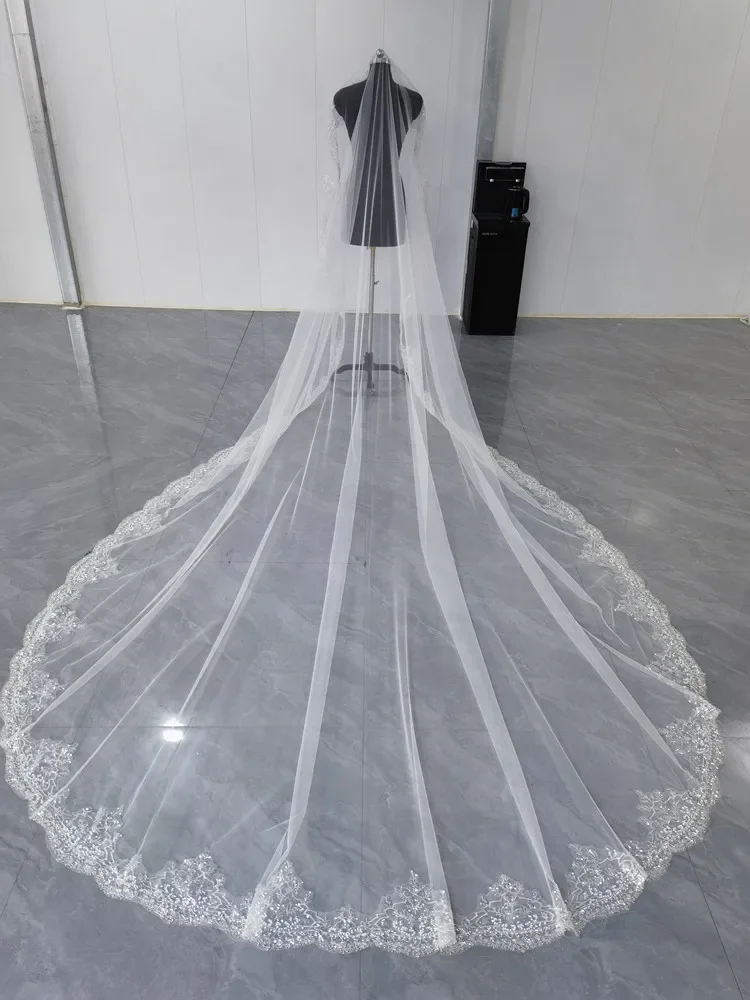 

White Ivory Blusher Veil Bridal Veil Long Cathedral Wedding Veils Full Crystal Pearl Lace Veil Bride Velos De Novia Accessories