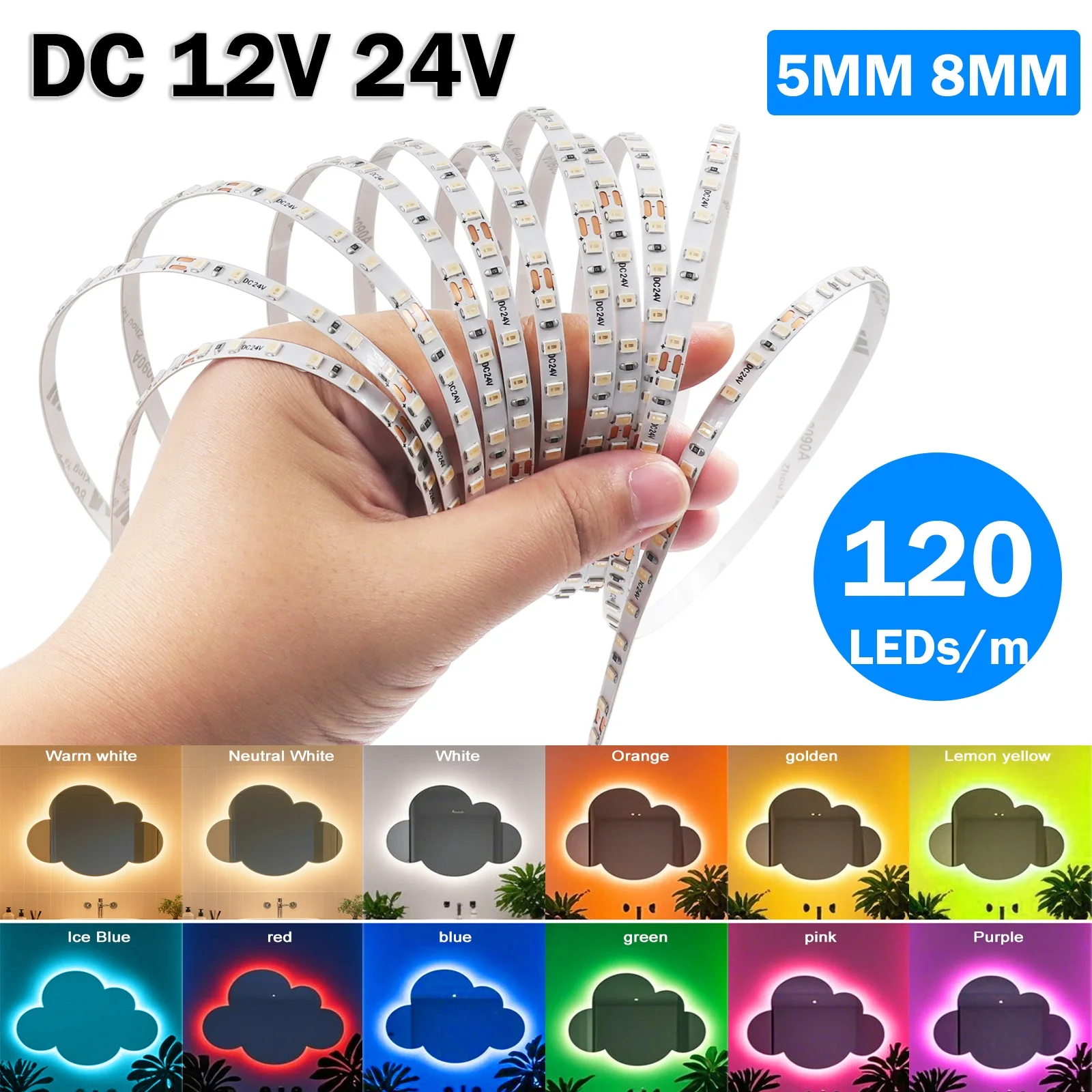 

5mm 8mm LED Strip 12V 24V 2835 120LEDs/m Not Waterproof Flexible Tape for Home Decor White Yellow Red Green Ice Blue Pink Purple