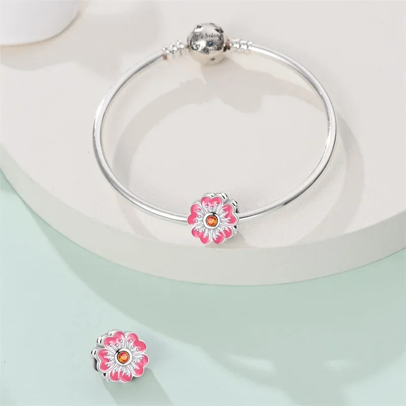 Springtime Flamingo Cactus Sunflower Animal Charms Beads Fit  DIY 925 Sterling Silver Original Bracelets Women Fine Jewelry Gift