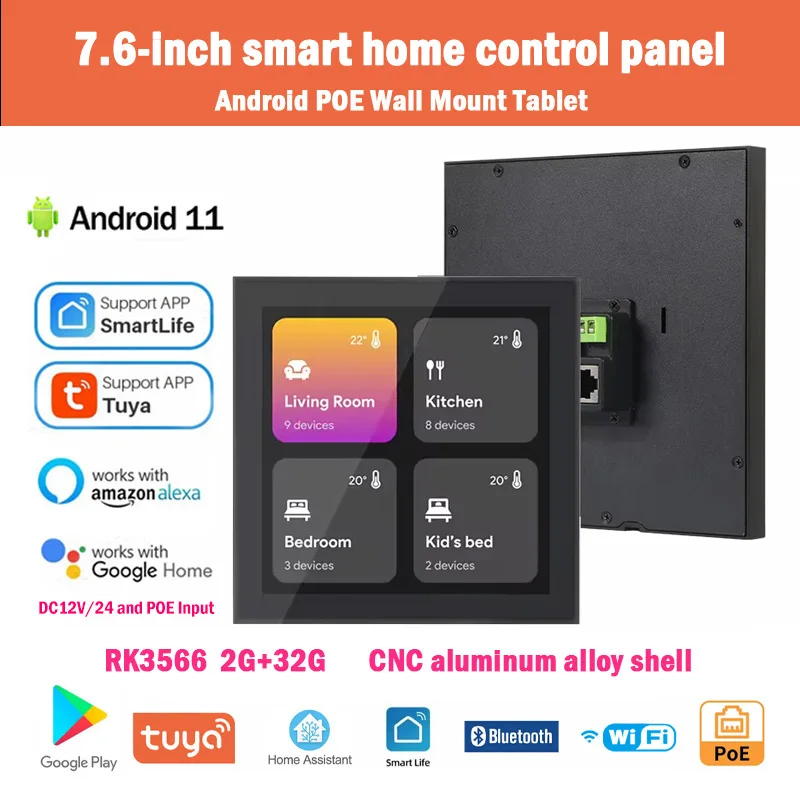 

New Metal Body 7.6 Inch Wall Mount Square Smart Home Control Panel Android 11 POE Tablet Touch Screen with RJ45 RS485 Wifi BT