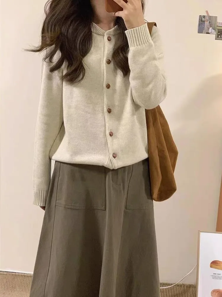 

European round-neck 100% wool cardigan women's autumn and winter new loose knitted sweater wool coat