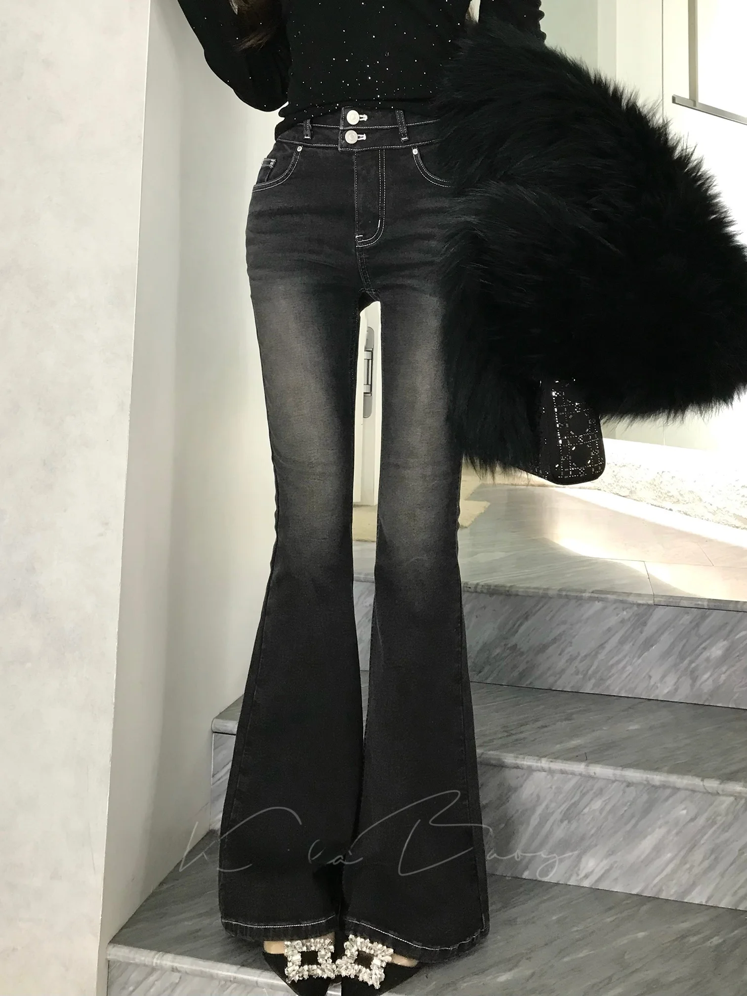 

High Waist Stretchy Micro Flared Jeans Women's Slimming Long Pants Dongda Gate Bla ey Double Bule Casual Cotton Denim