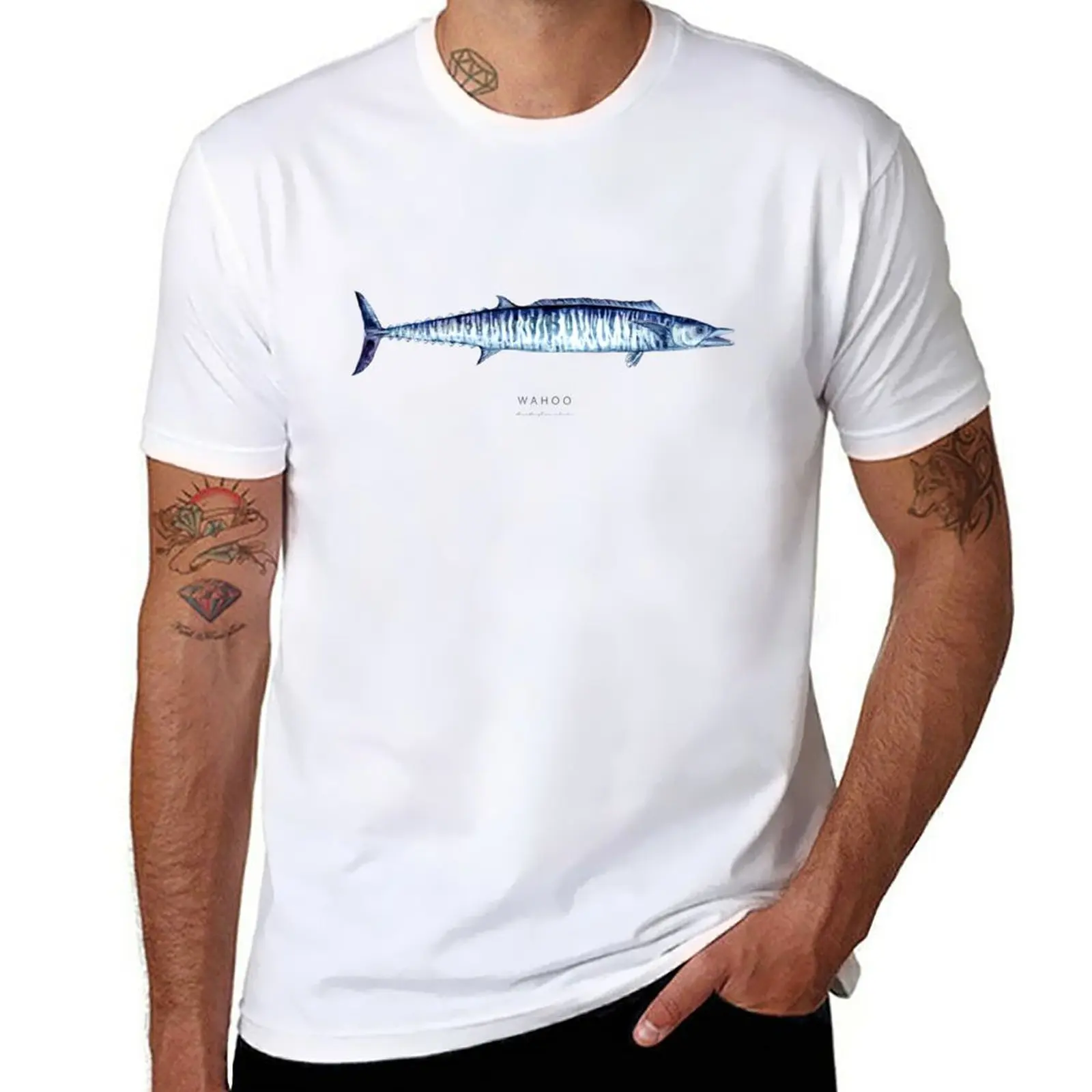 New WAHOO (Acanthocybium solandri) Watercolor Fish Art T-Shirt shirts graphic tees graphics t shirt Men's clothing