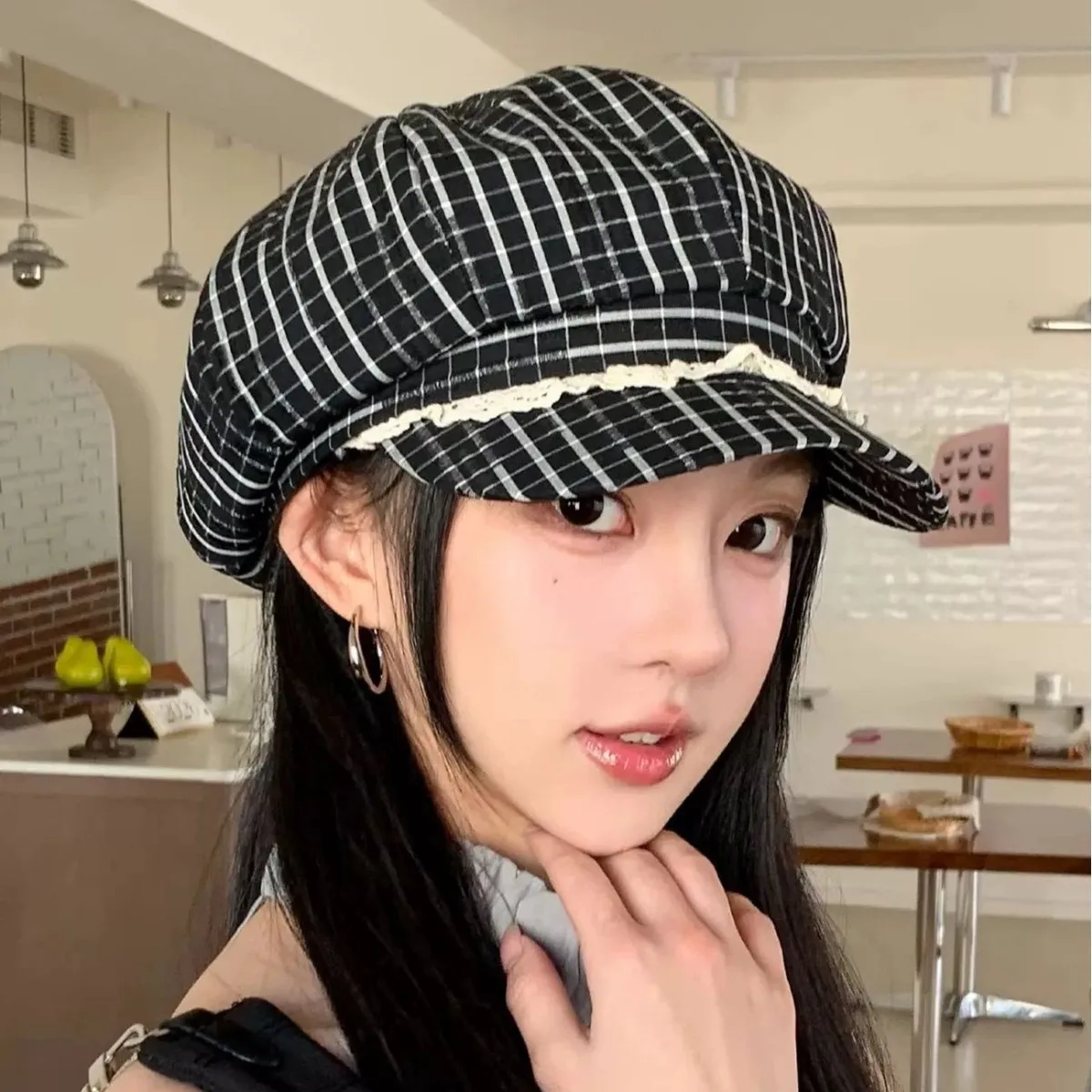 Plaid Baker Boy Hat Women Lace Trim Cute Newsboy Cap Travel Coquette Peaked Beret Street Snap Adjustable Aesthetic Cabbie Cap